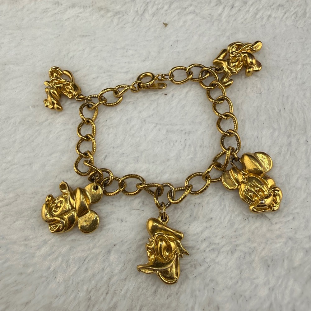 Vintage Disney Charm Bracelet Gold Mickey Minnie Pluto Donald 5.5in READ